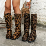 Women’s Leopard Print Mid-Calf Boots Velvet Side Zipper Anti-Slip
