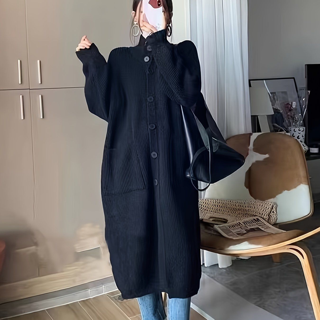 Plus Size Gray Knit Cardigan for Women Casual Fall Winter Long Sleeve Pockets Stand Collar