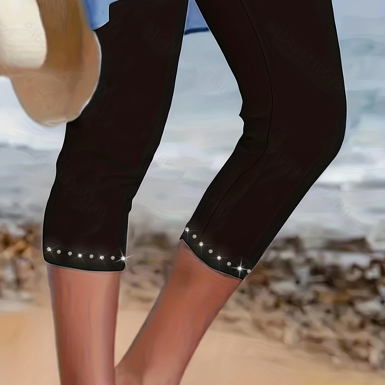 Plus Size Rhinestone Decor Capri Leggings High Waist Stretchy Spring Summer Women