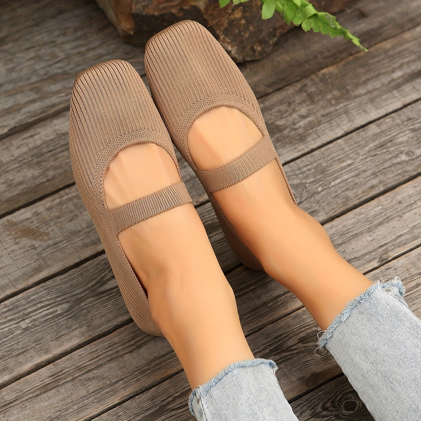 Women's Casual Knit Flats with Square Toe Fabric Upper Slip-On All-Season