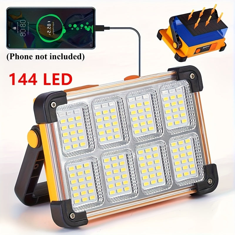 144 ta ultra-yorqin LED bilan portativ floodlight, quyosh va USB orqali zaryadlanadigan, 3600mAh batareya, favqulodda vaziyatlar, lagerda, baliq ovlash uchun ideal. Mustahkam plastik material, ochiq havoda quyosh energiyasi bilan ishlaydigan floodlight.