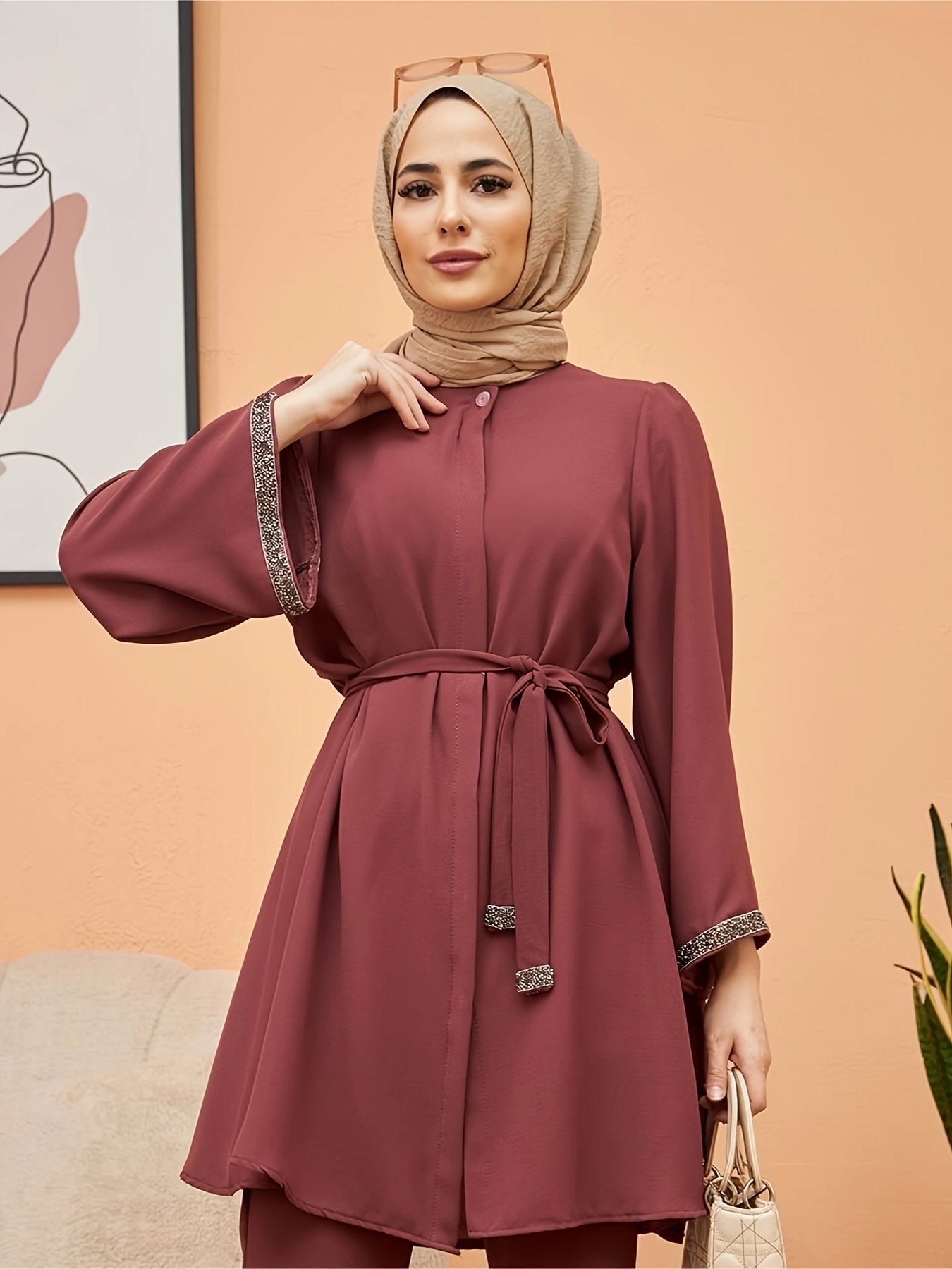 Women's Polyester Kaftan Dress with Contrast Trim and Belt