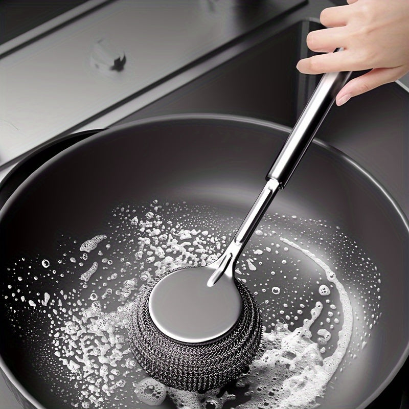 Stainless Steel Pan Scrubber with Long Handle, Durable Pot Cleaner, Multi-Purpose