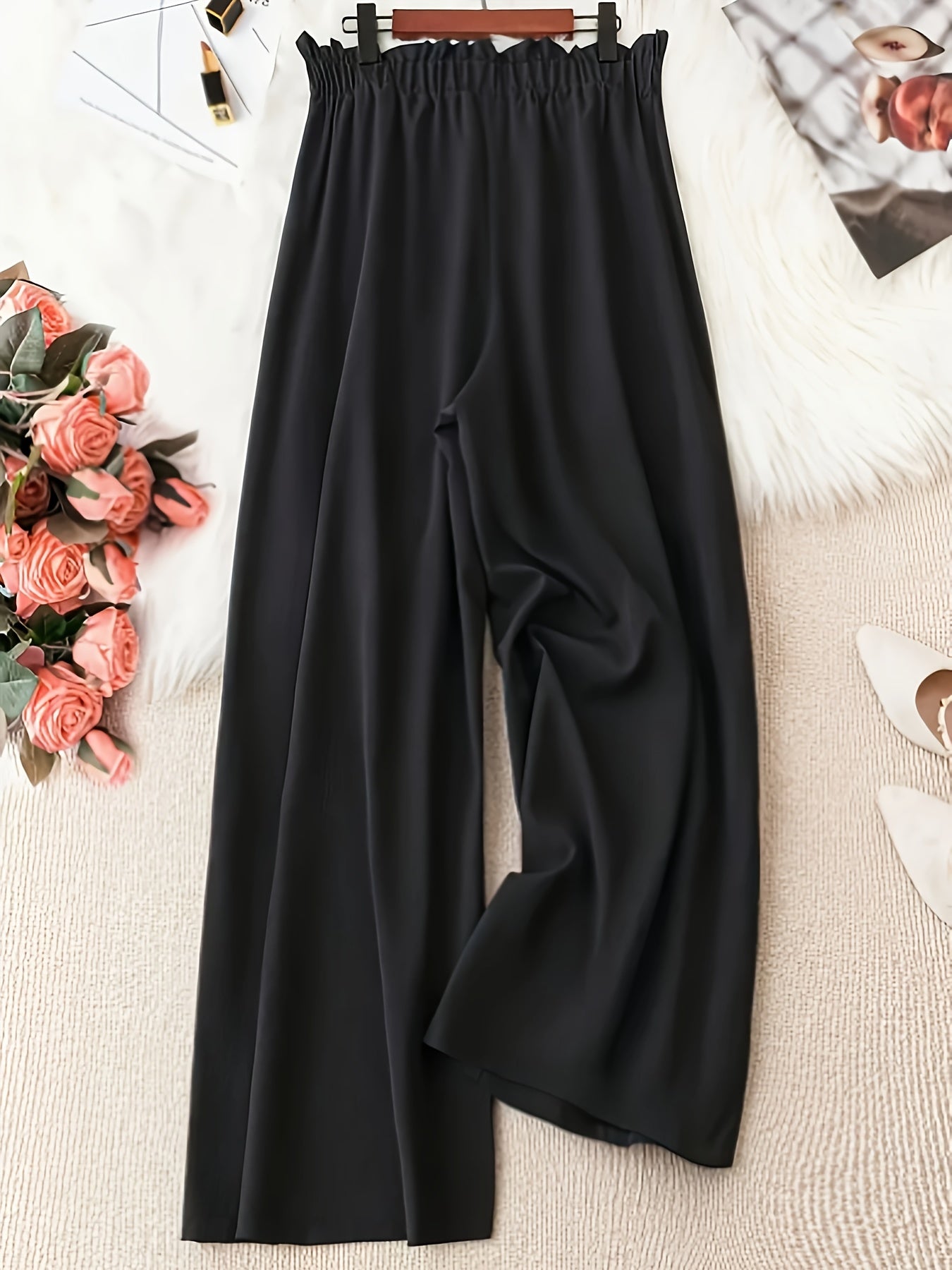 Women's Plus Size Wide Leg Pants with Faux Drawstring Black High Rise