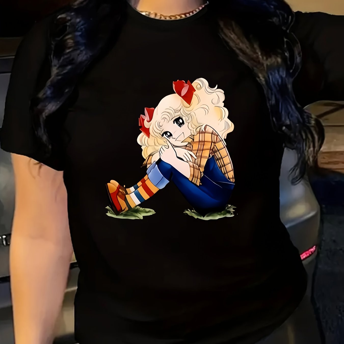 Women's Plus Size Black Casual T-Shirt with Colorful Cartoon Print