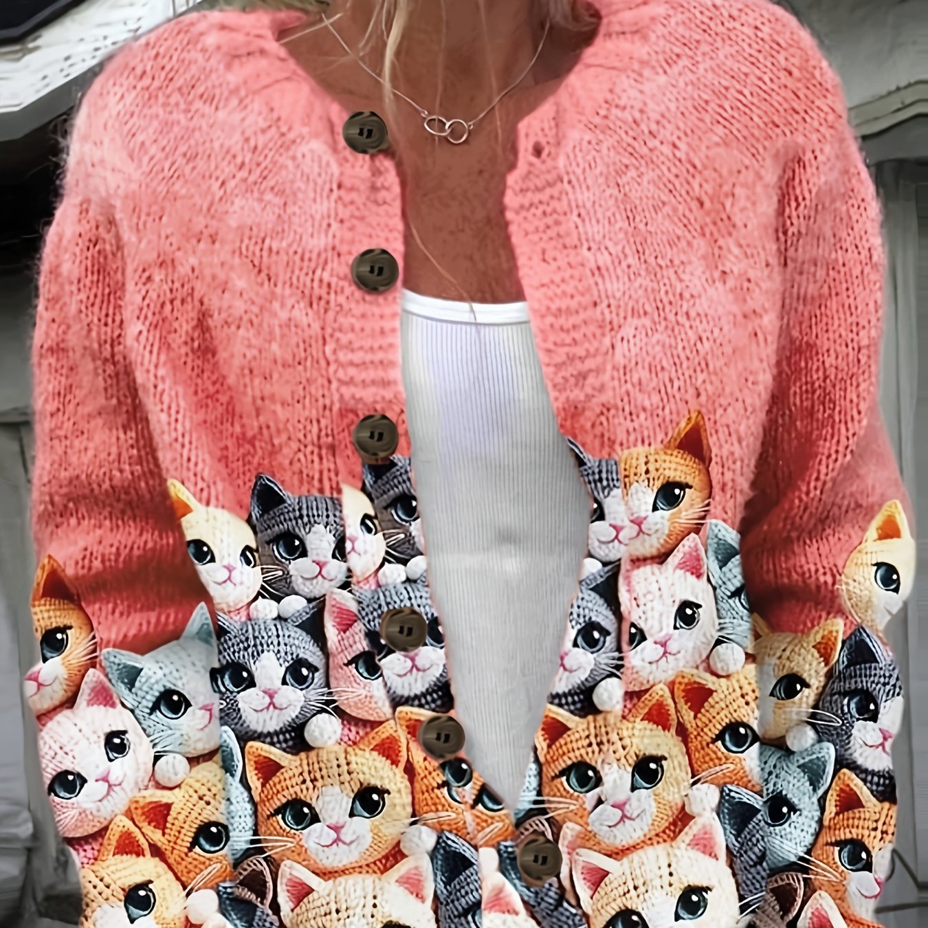 Plus Size Women's Lightweight Cat Print Cardigan Long Sleeve Pink Casual Fall Jacket