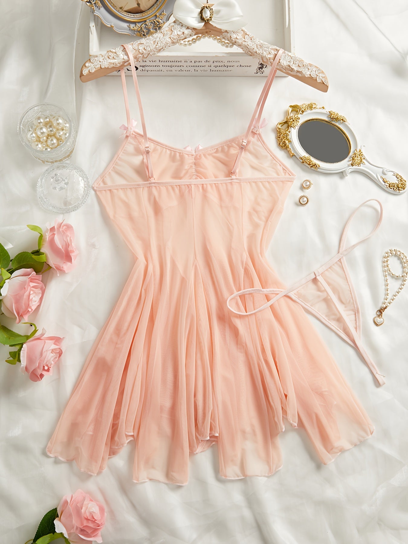 Pink Mesh Babydoll Dress with Satin Bow Accents and Adjustable Straps Lingerie