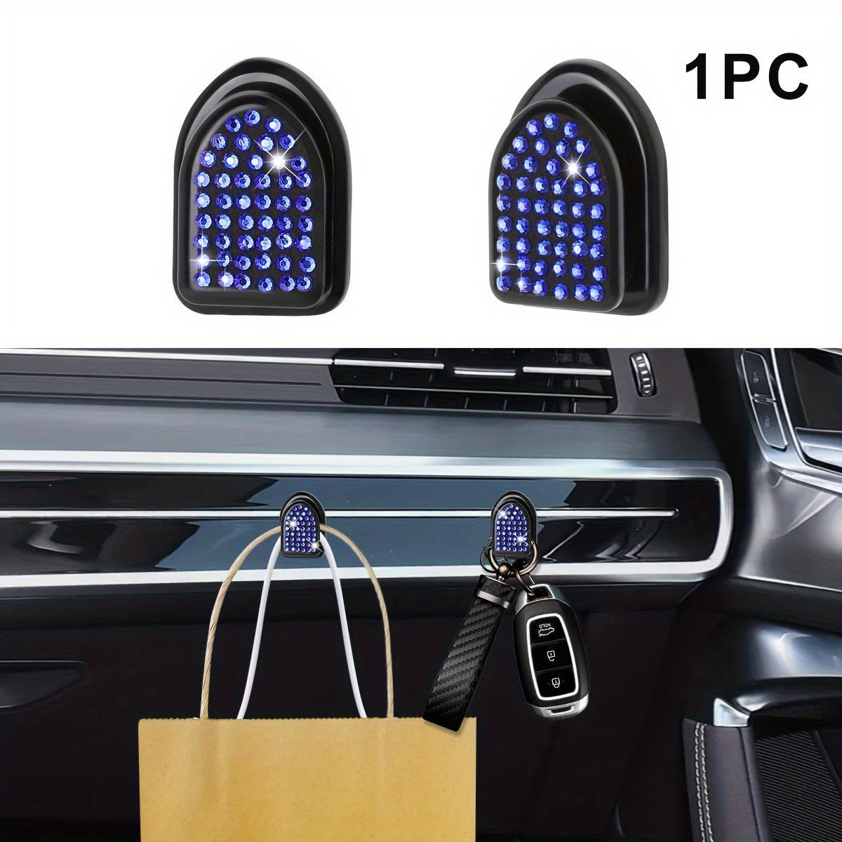 Car Interior Diamond-Embellished Hook Self-Adhesive Wall Mount Organizer