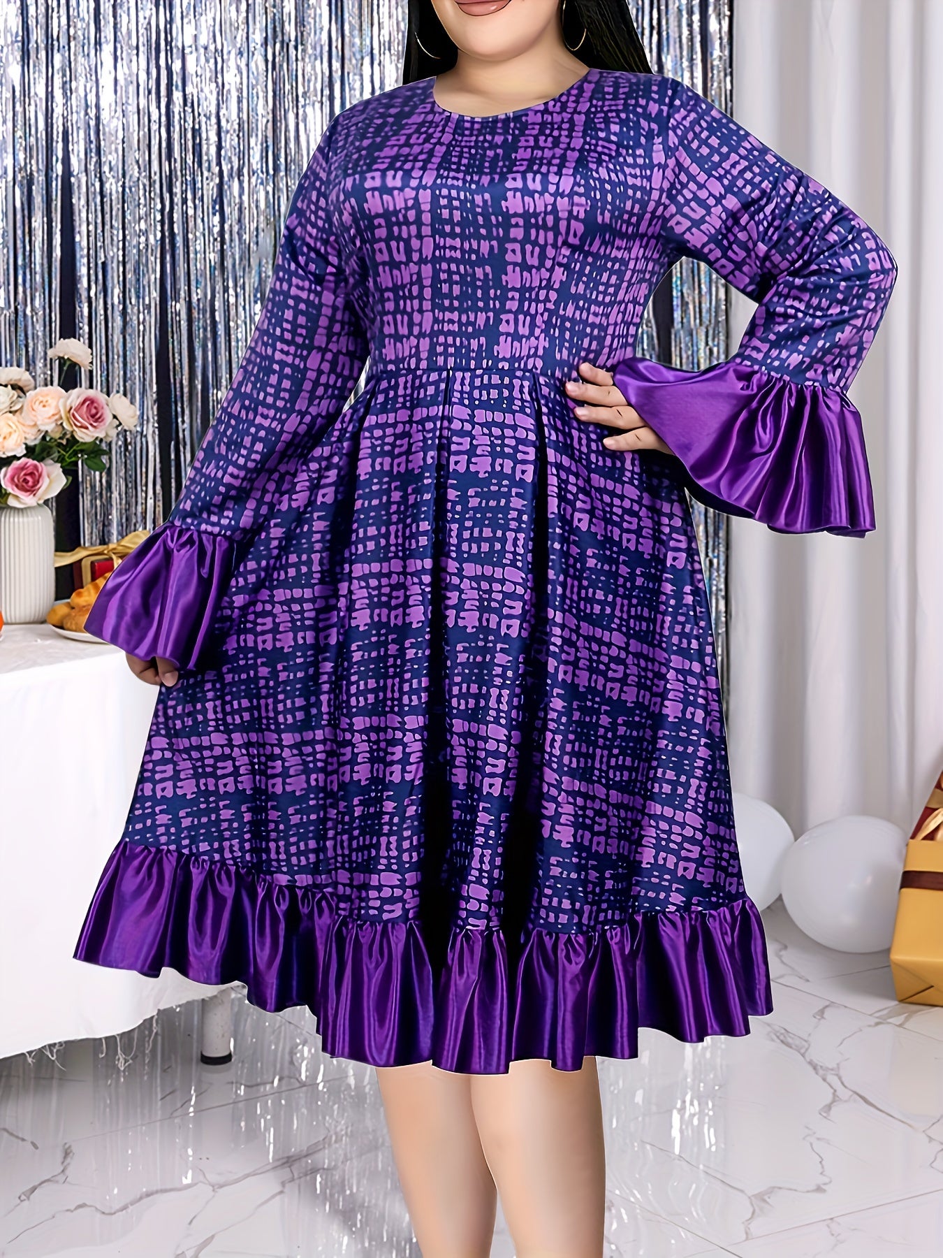 Plus Size Flutter Sleeve Midi Bridesmaid Dress Polyester Knit Plaid Fit and Flare