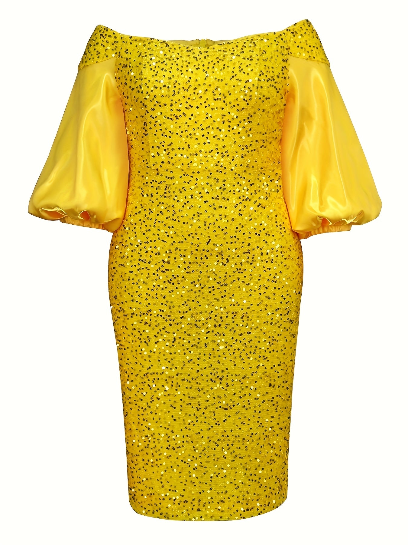 Plus Size Women's Sequin Gold Off-Shoulder Bell Sleeve Party Dress