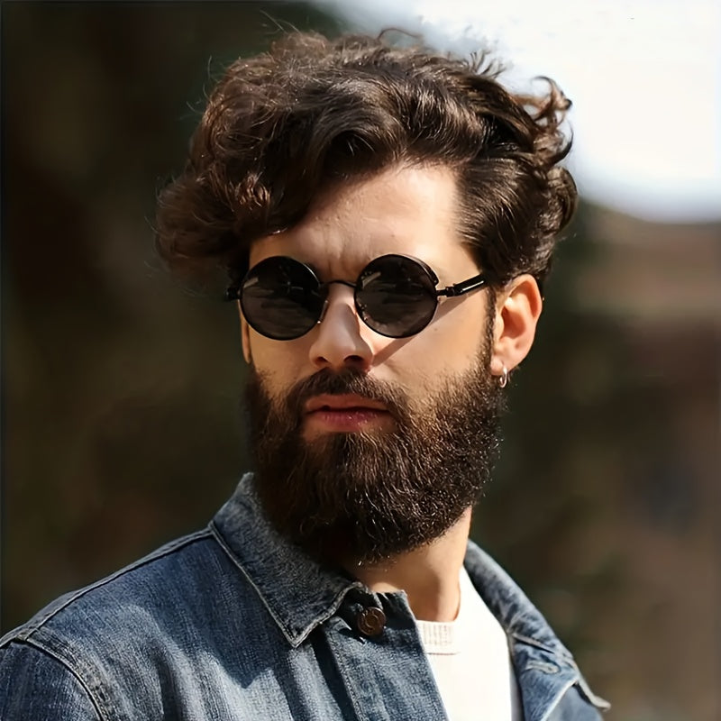 Erkaklar uchun oltin rangli doira shaklidagi steampunk quyosh ko‘zoynaklari, yozg‘ichli shankalar bilan