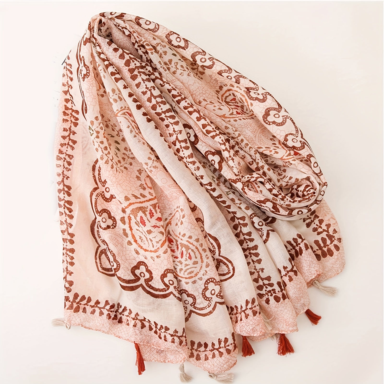 Women’s Boho Linen Tassel Shawl Pink Printed Lightweight Scarf Windproof Sun Protection
