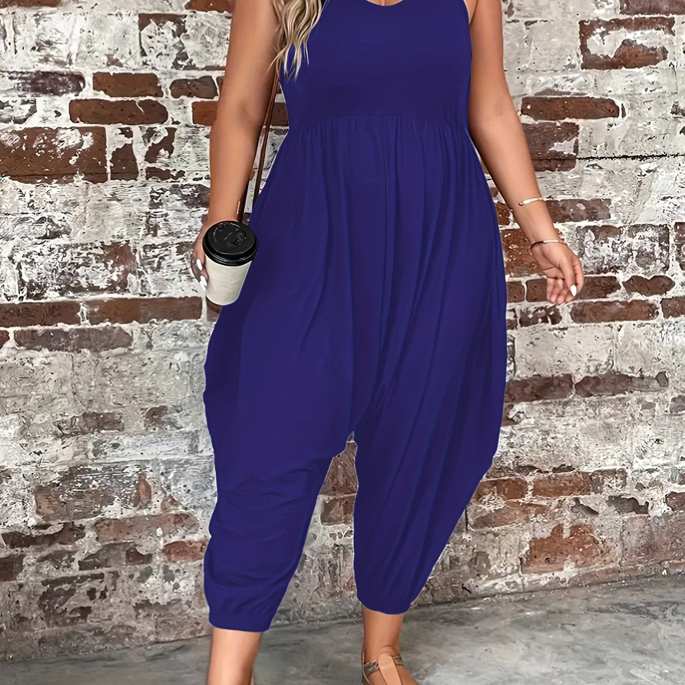Plus Size Women's Orange Sleeveless Jumpsuit Casual Wide-Leg Beachwear
