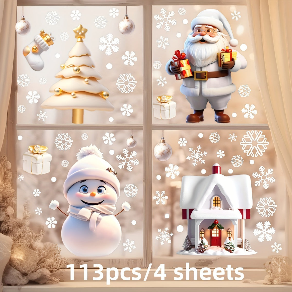 Set of 113 Christmas Window Clings Snowman Santa Holiday Static Stickers Reusable Glass Decals