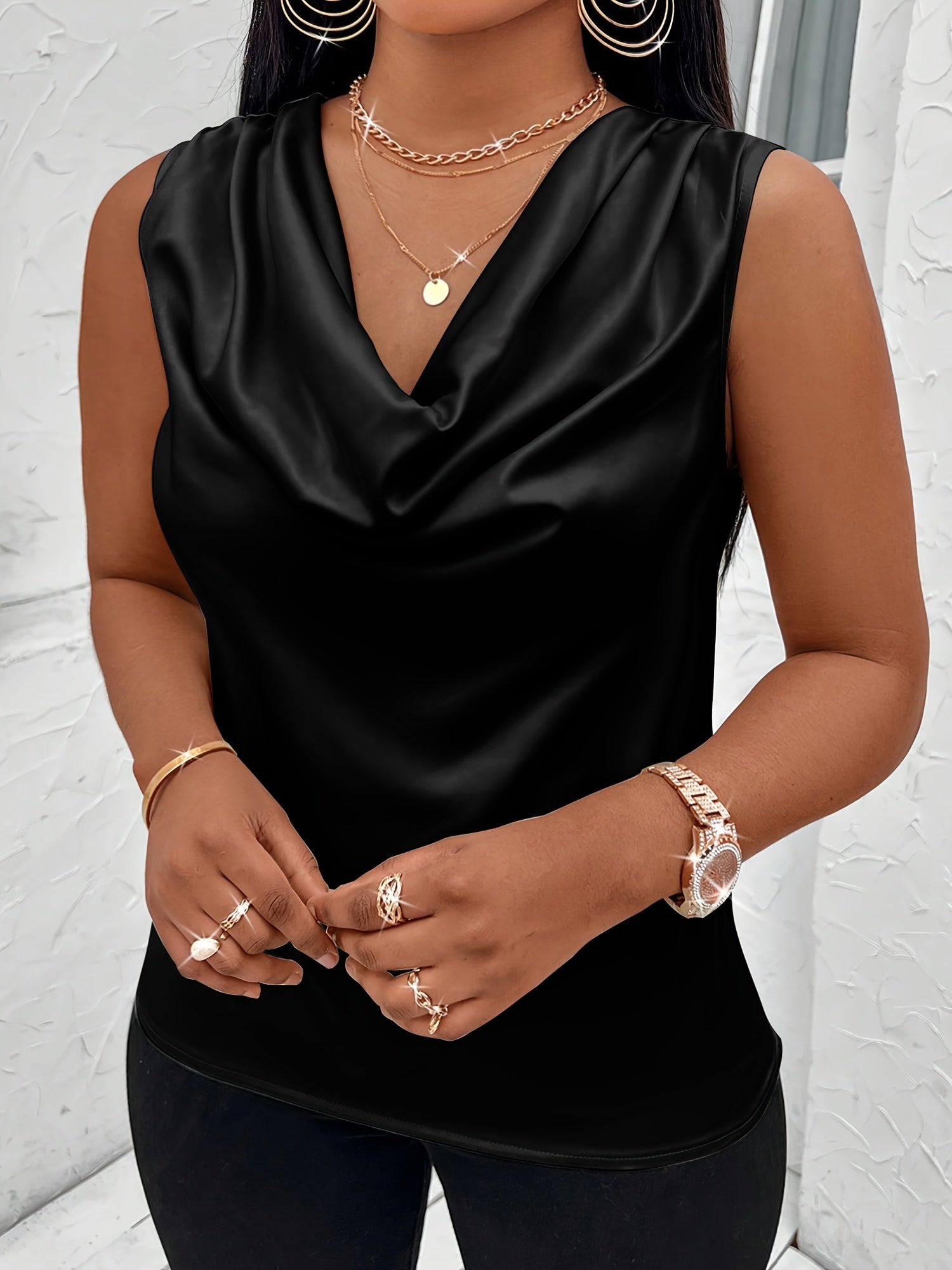 Plus Size Ruched Solid Tank Top Sleeveless Cowl Neck Summer Women's Clothing