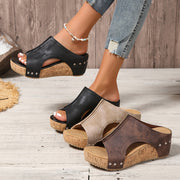 Women's Flat Heel Sandals Open Toe Slip-On Rivet Faux Leather Summer Shoes