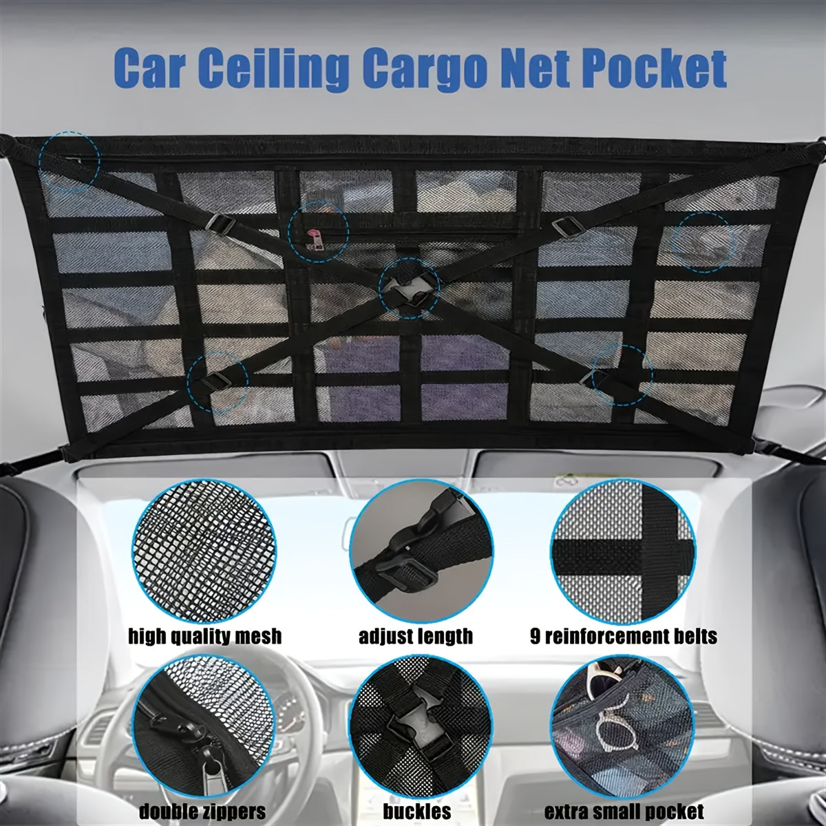 Car Roof Storage Net Black Polyester Adjustable Mesh Organizer
