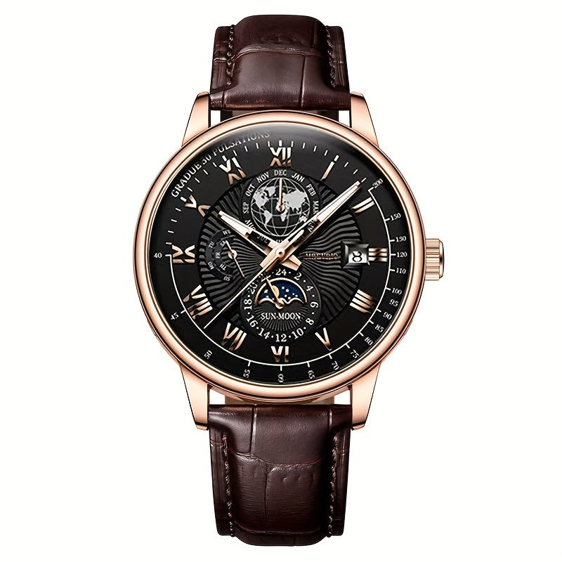Men's Quartz Watch with Faux Leather Strap and Date Feature