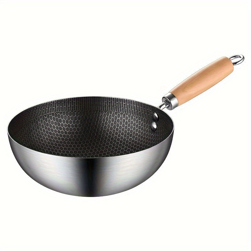 20cm Stainless Steel Non-Stick Wok with Honeycomb Coating and Wood Handle