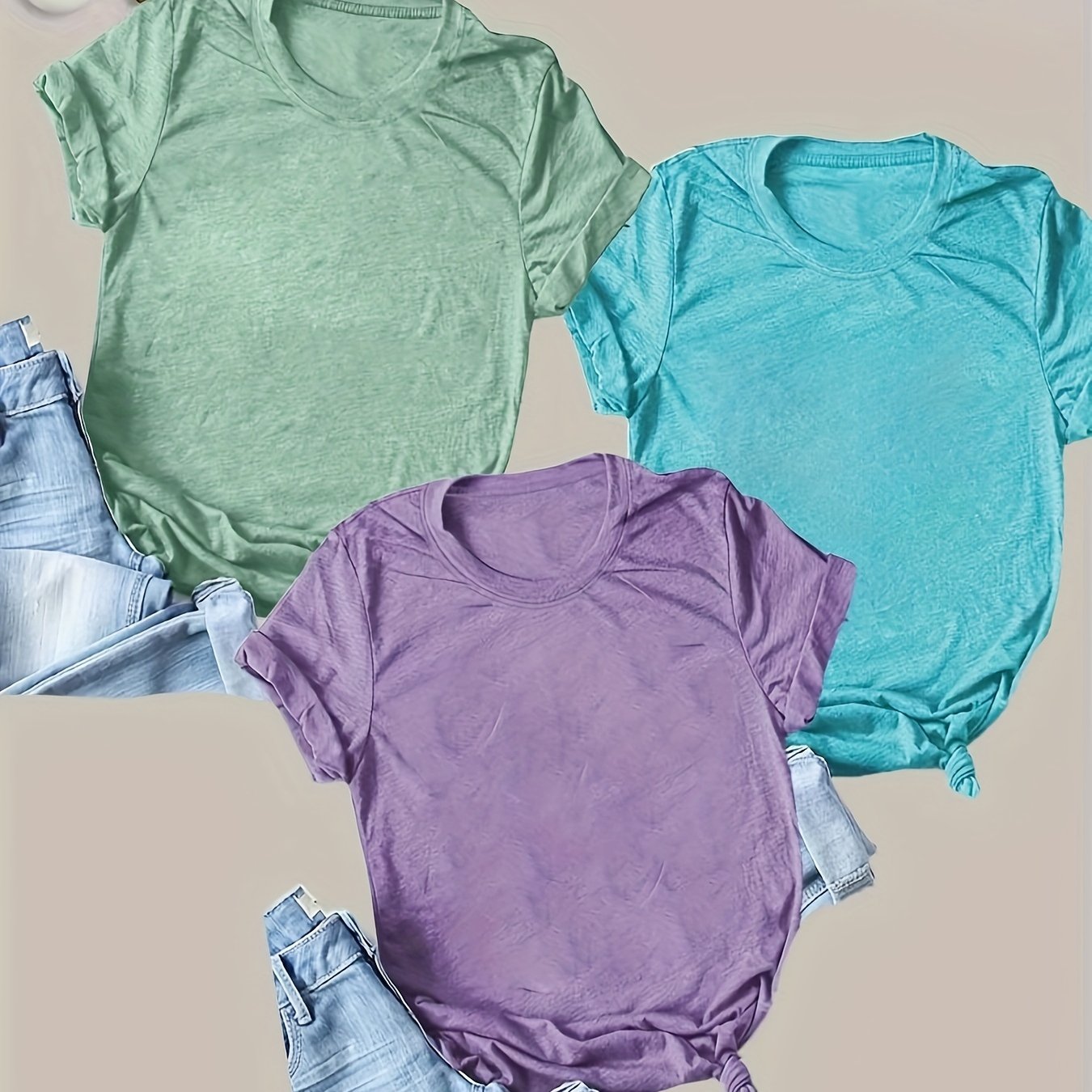 Pack de 3 camisetas casuales de manga corta para mujer, colores sólidos, punto transpirable