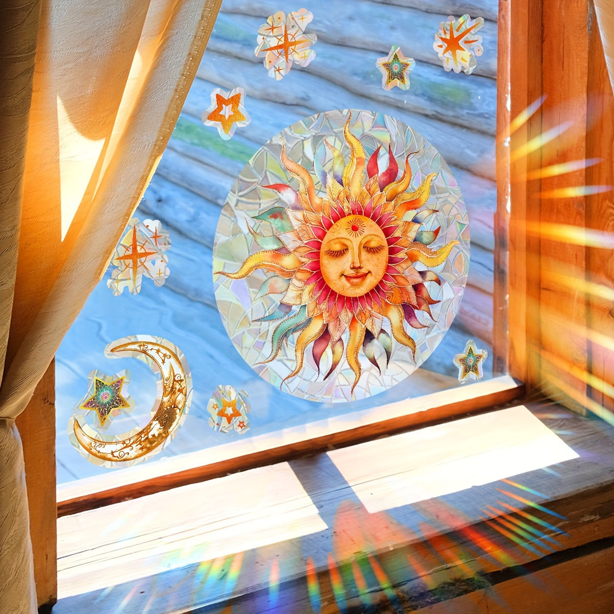 Double-Sided Sun Star Window Sticker, Colorful Static Glass Decal, 20cm