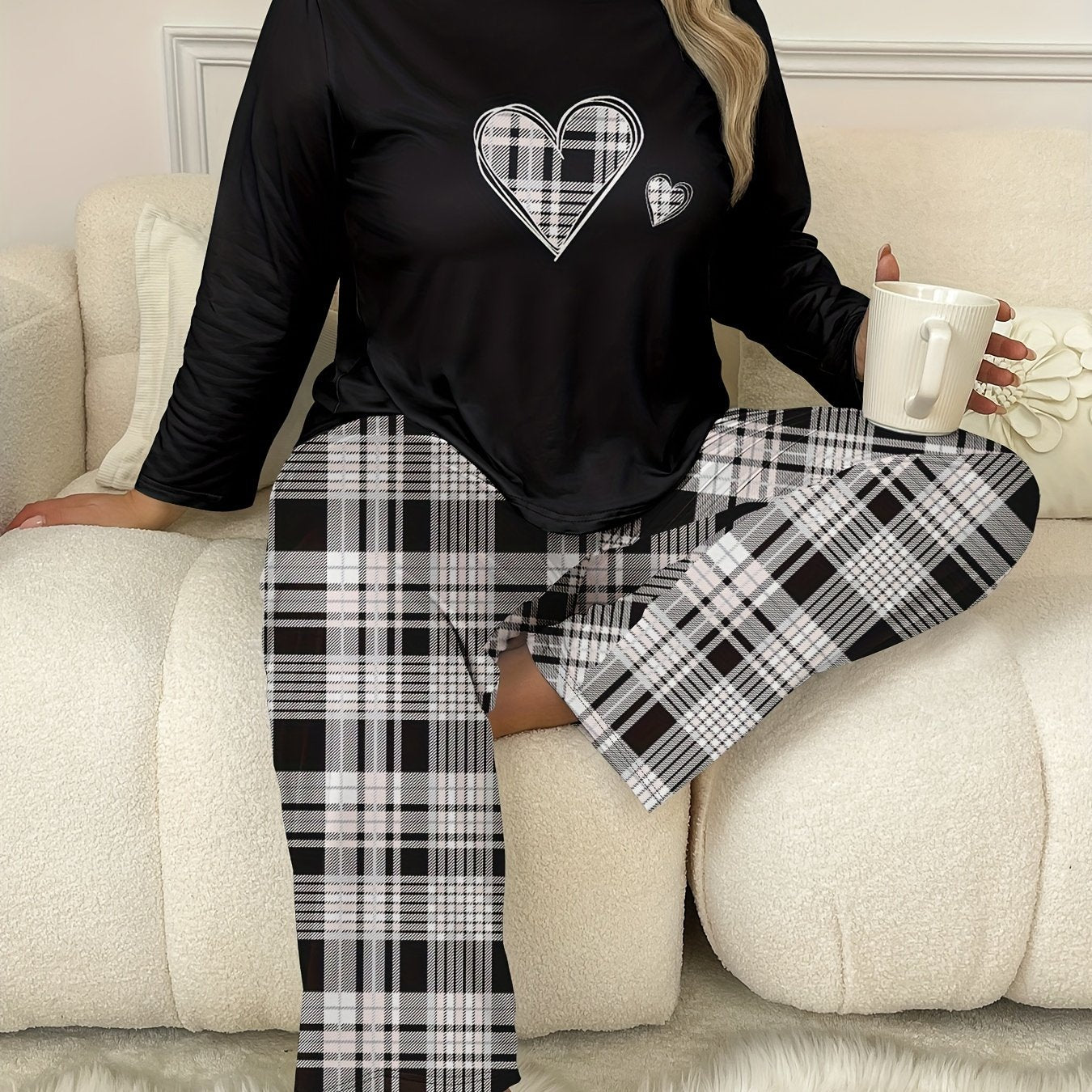 Plus Size Women's Pajama Set Heart Print Long Sleeve Top Plaid Pants Loungewear