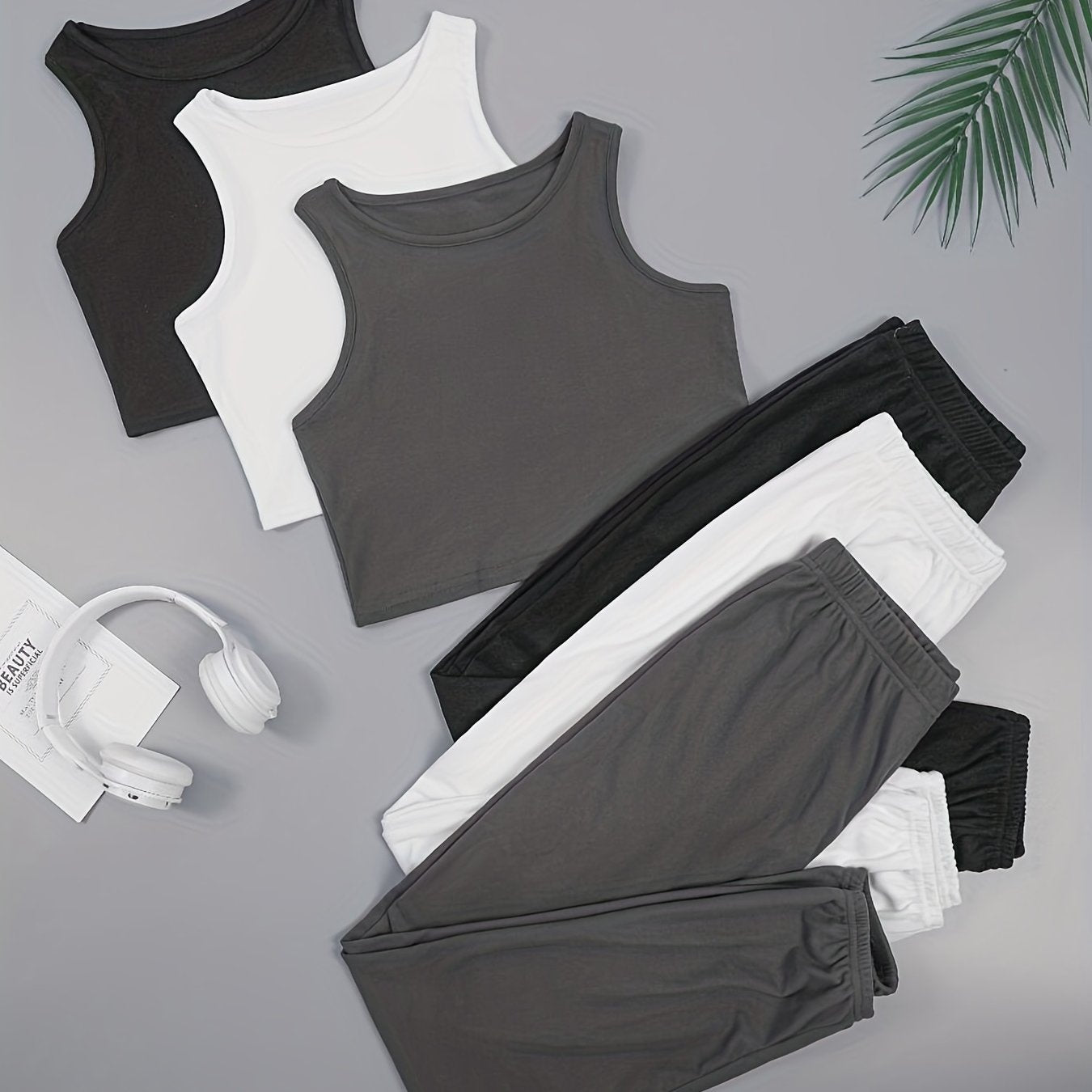 Women's Solid Color 3-Piece Set Sleeveless Tank Tops and Joggers Black White Gray