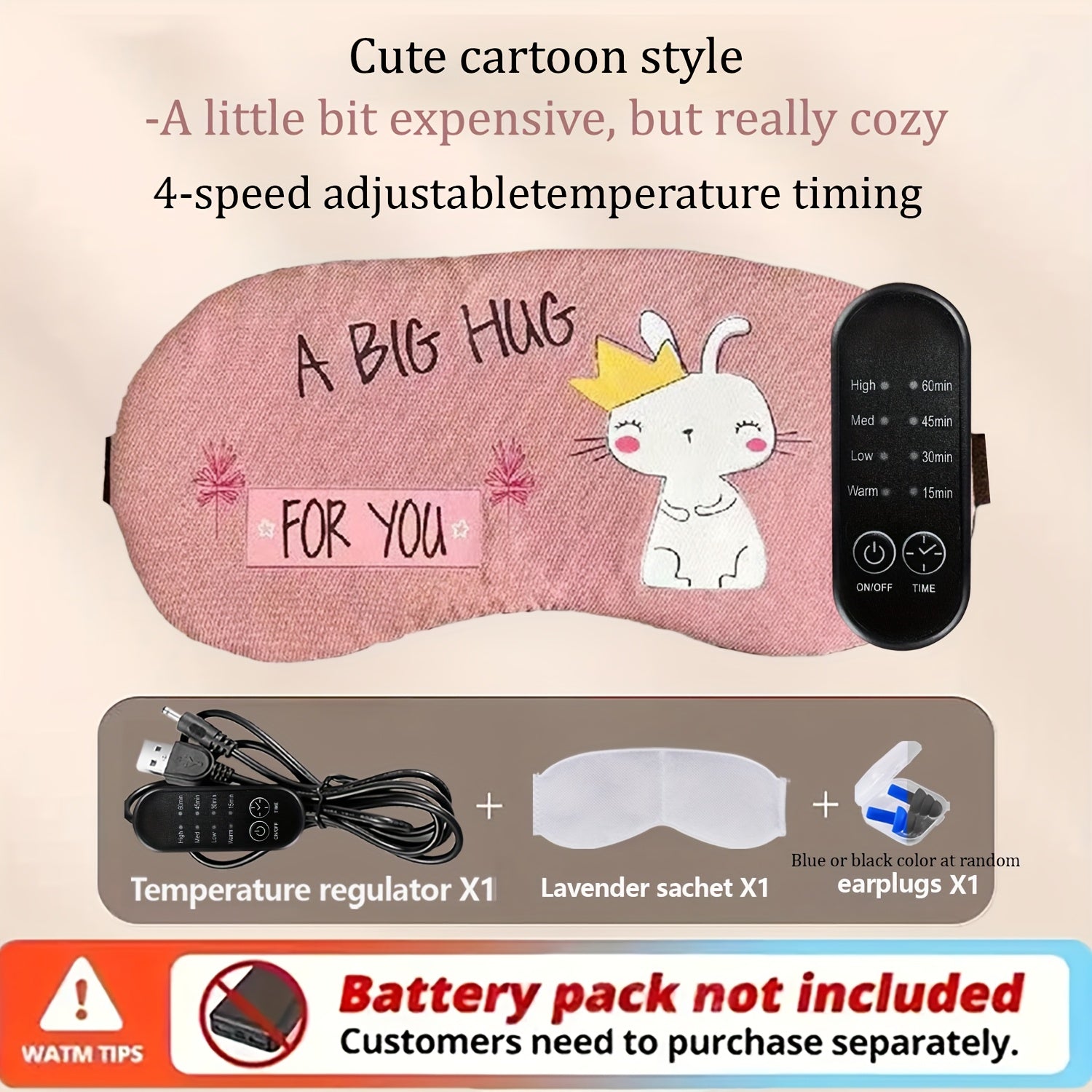 USB Heated Eye Mask with Adjustable Temperature, Includes Ear Plugs and Scented Bag