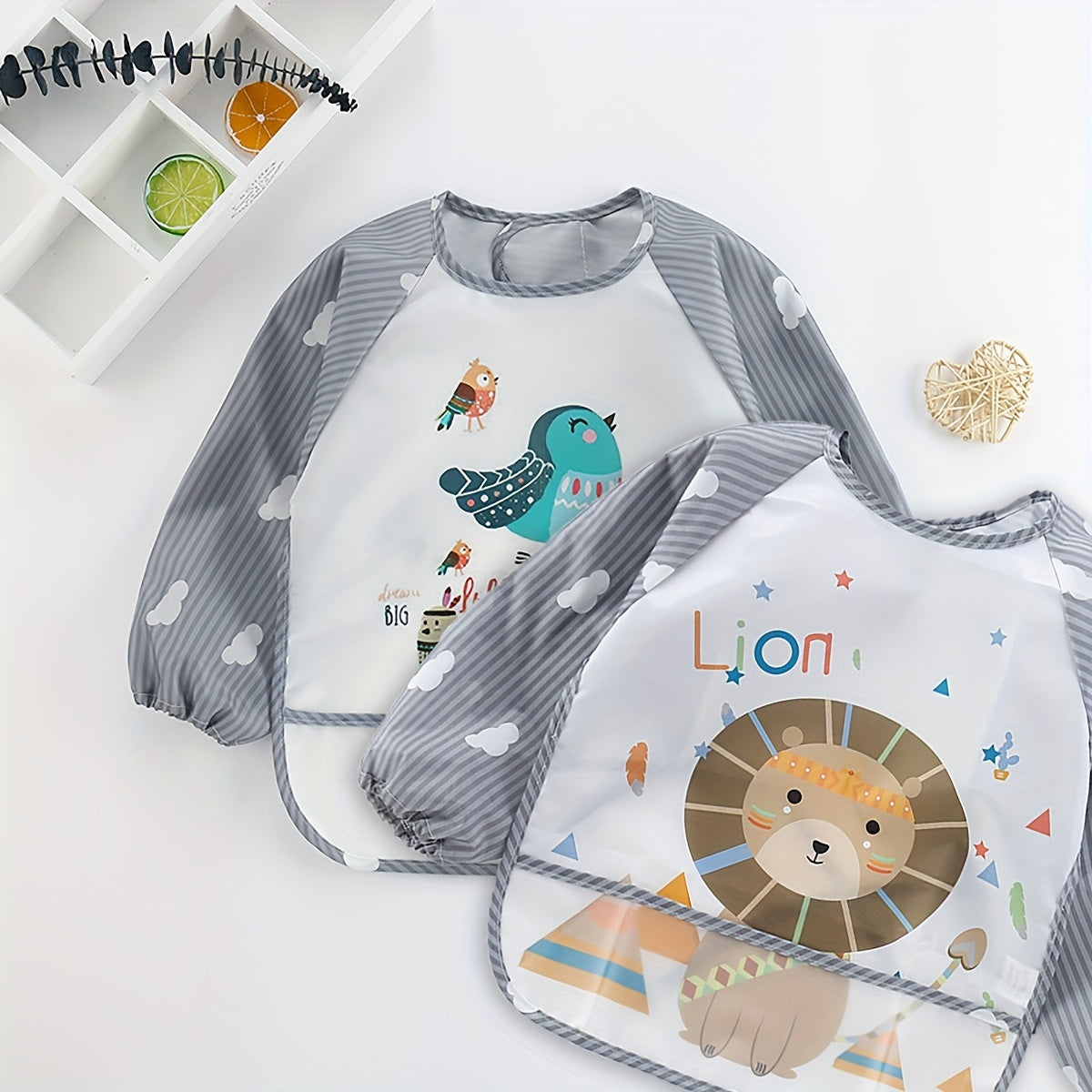 Waterproof Long-Sleeve Feeding Bib for Kids Grey Polyester Fiber