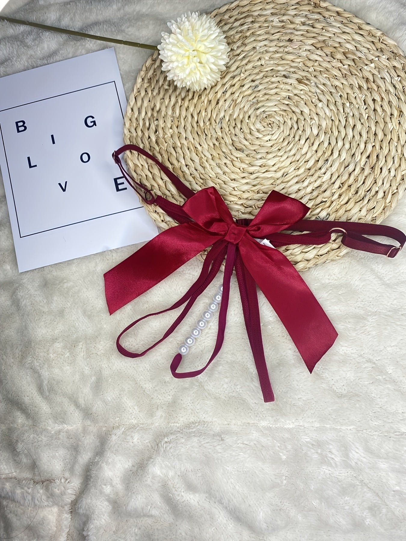 Women's Lace Thongs with Bow Knot and Faux Pearl Decoration Open Crotch Lingerie