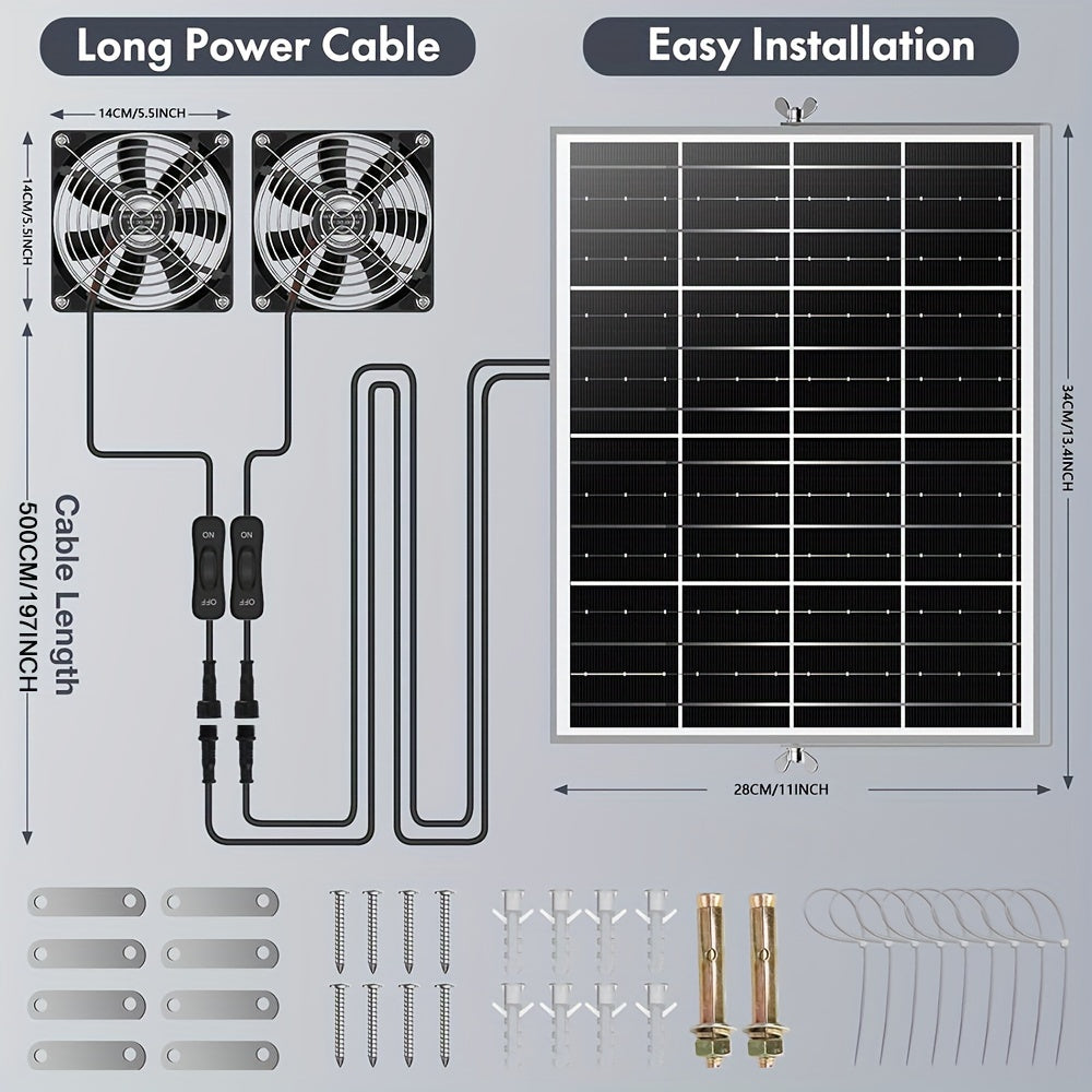 Solar Wind Powered Fan Kit for Greenhouses Sheds Pet Houses Dual Fans Weatherproof Remote