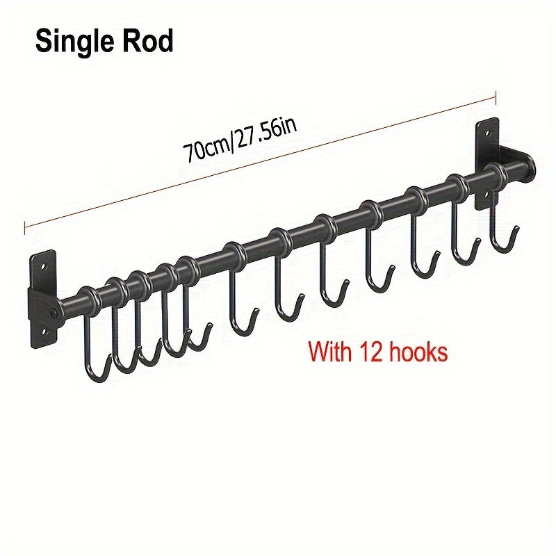 Wall-Mounted Steel Storage Rack with Hooks for Kitchen and Entryway Organizer