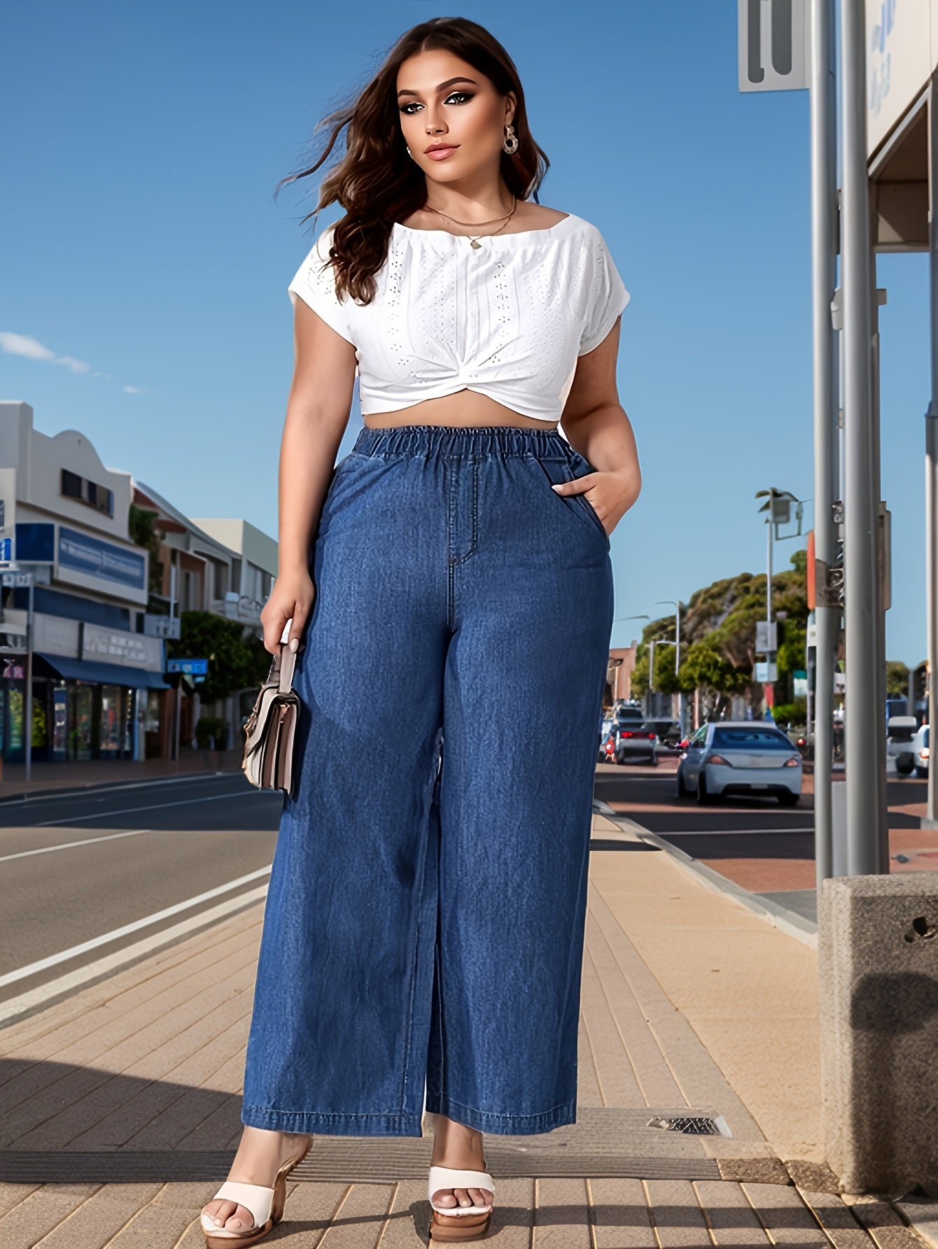 Women's Plus Size Loose Fit Jeans All-Season Light Blue Elastic Waist Straight Leg