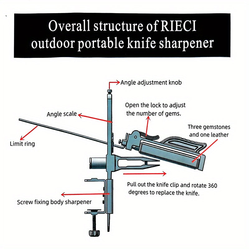 Afilador de cuchillos portátil para exteriores, ajustable de 15-30°, soporte de clip de 360°
