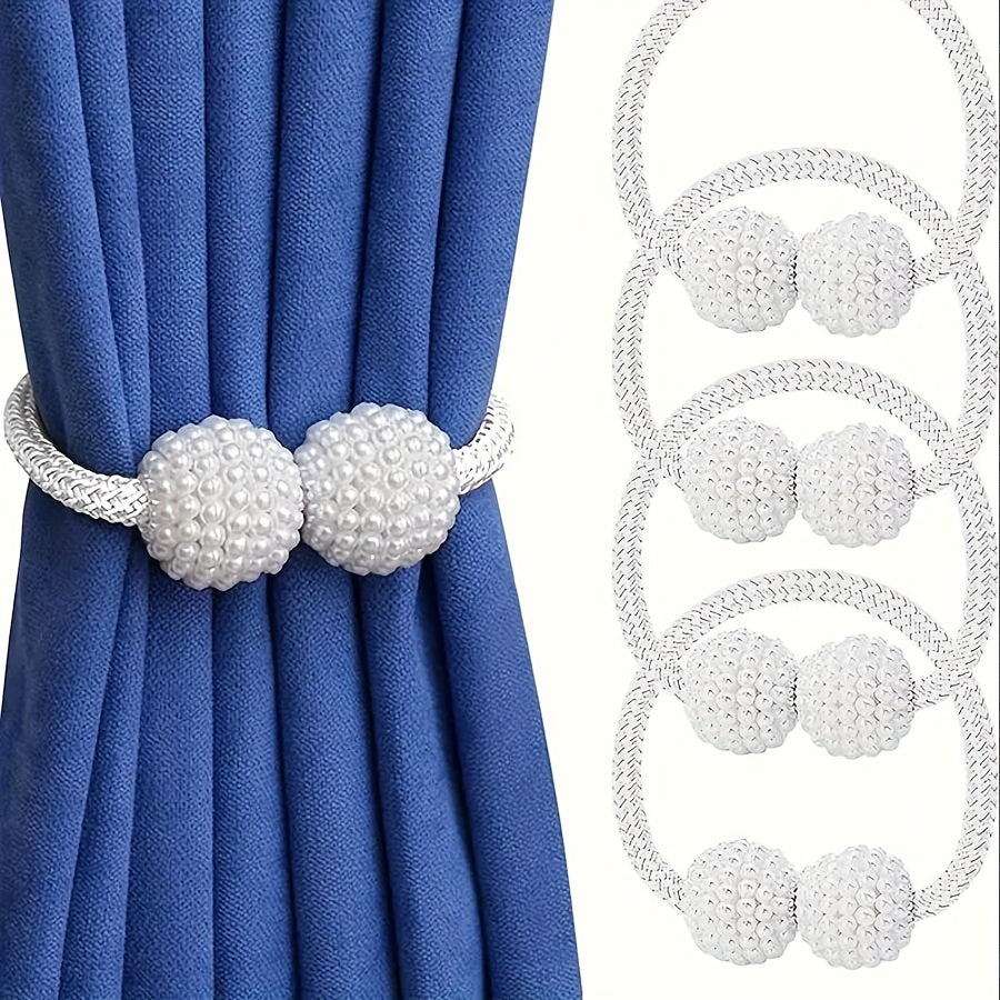 Set of 4 Magnetic Curtain Tiebacks with Faux Pearl Accents Polyester Rope Holders
