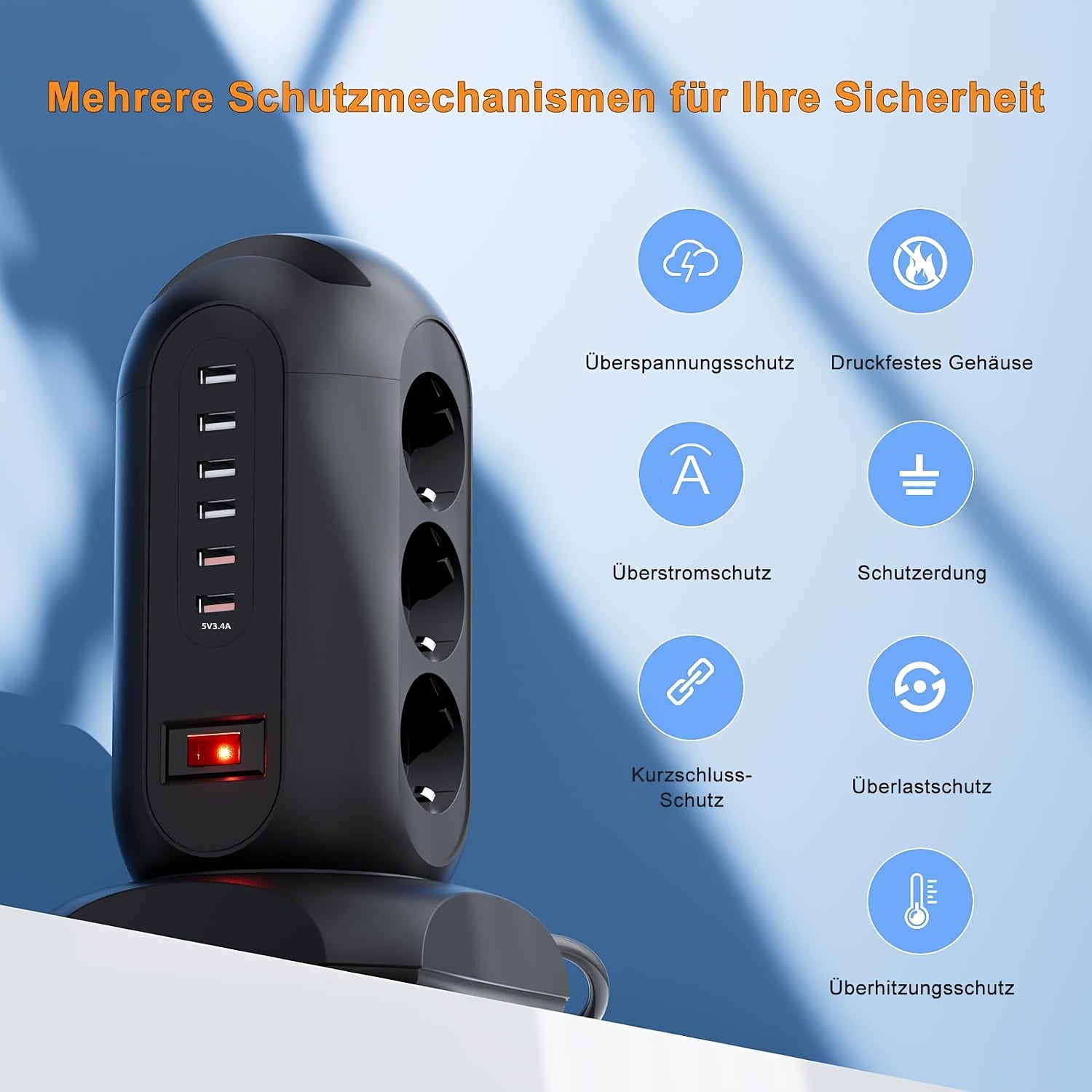 Regleta de corriente EU Tower con 9 tomas de corriente AC y 6 puertos USB, cable de 1.8 m, protección contra sobrecargas