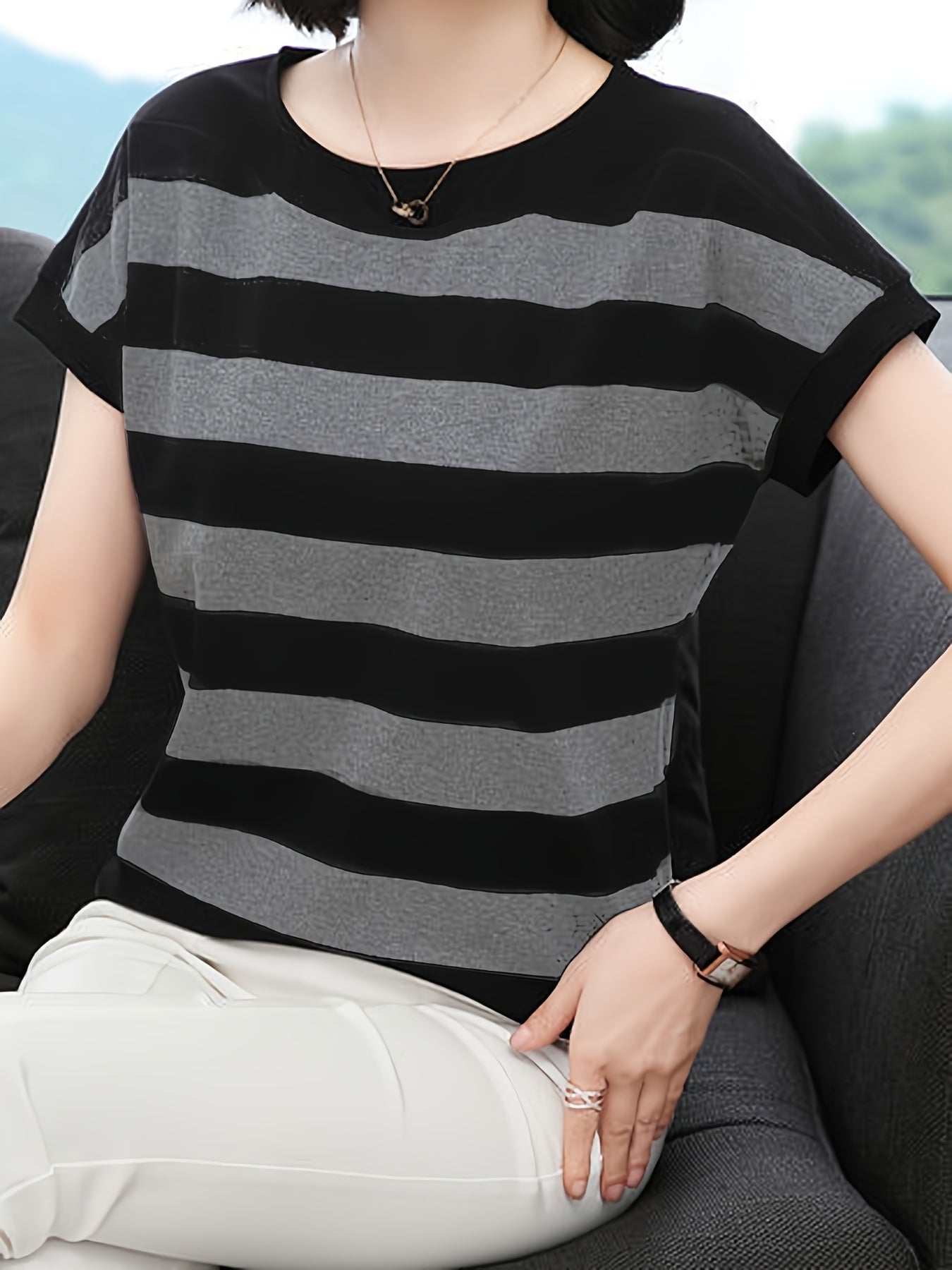 Women's Striped Crew Neck T-Shirt with Cap Sleeves for Spring and Summer