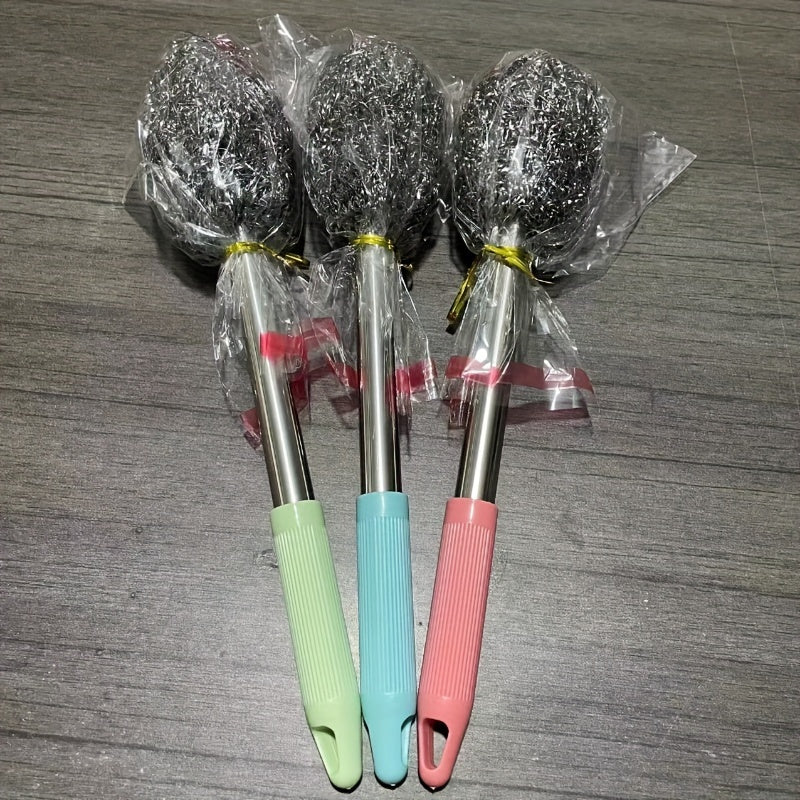 2 ta uzun tutqichli idish cho'tkalari to'plami, oshxona va hammomda qo'lda tozalash uchun zanglamaydigan po'latdan yasalgan to'p cho'tkasi bilan