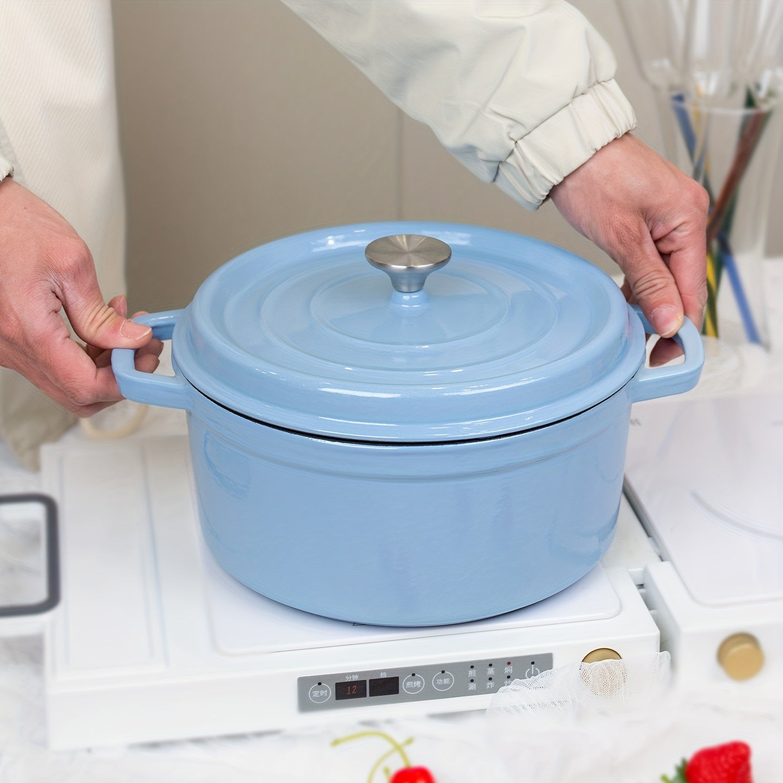 Olla de hierro fundido esmaltado de 24cm en color blanco para cocina