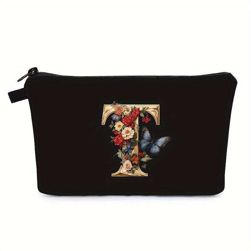 Bolsa de maquillaje negra para mujer con patrón de mariposas y flores para organizar los esenciales de belleza