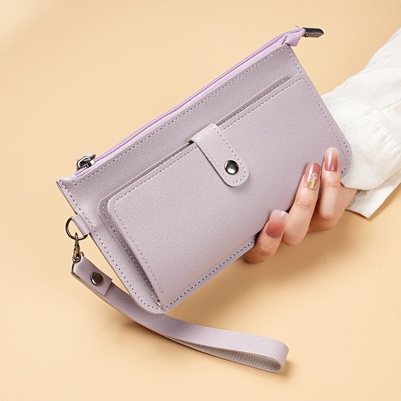 Katta sig'imli, fermuari bilan tanga sumkasi, karta joylari va soatli clutch bilan tasma, sun'iy charmdan yasalgan tasodifiy ayollar hamyon.