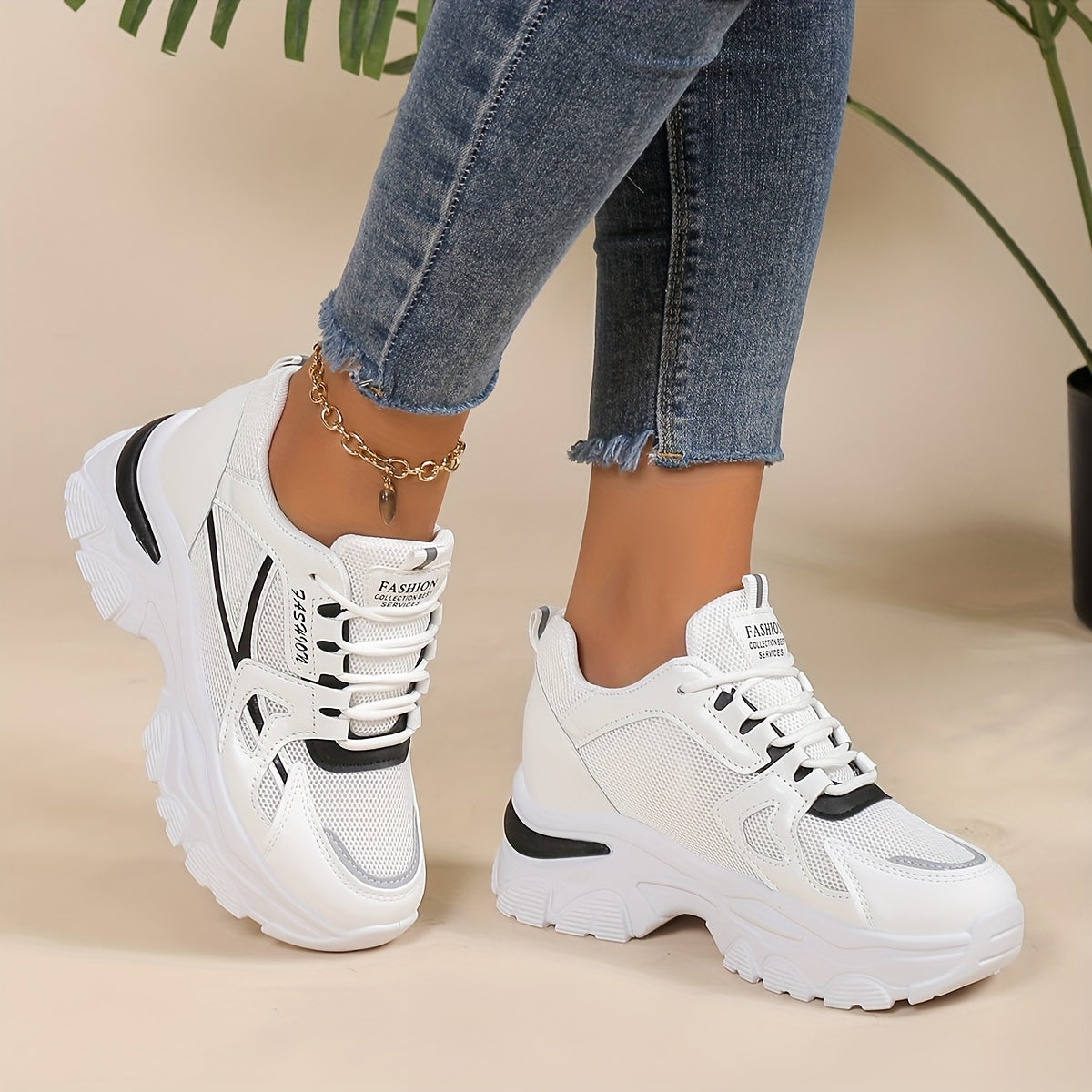Women's Chunky Sneakers Breathable Color-Block Thick Sole Casual Running