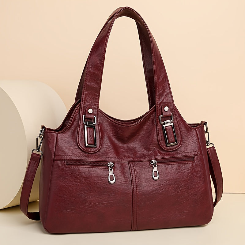 Retro PU Leather Tote Bag with Multiple Pockets Large Capacity Casual Shoulder Crossbody Bag