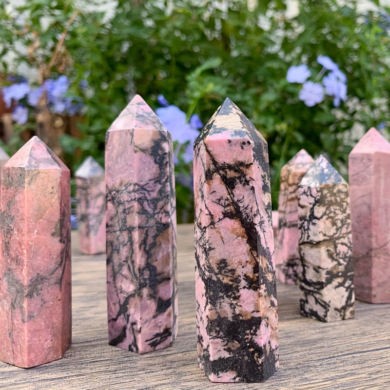 Varita de cristal de rodonita natural con punta de cuarzo facetado para sanación y meditación