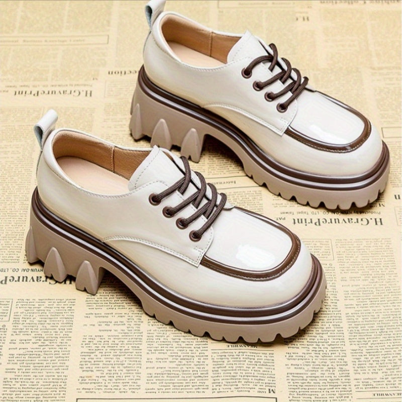 Women's Chunky Heel Loafers White Brown Casual Shoes Thick Sole