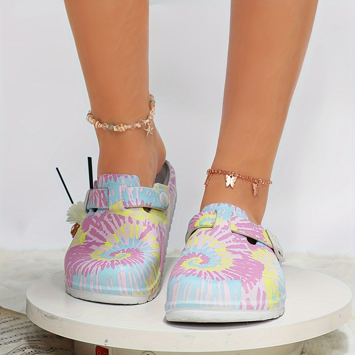 Women's Floral Pattern EVA Slip-On Mule Slippers with Adjustable Buckle