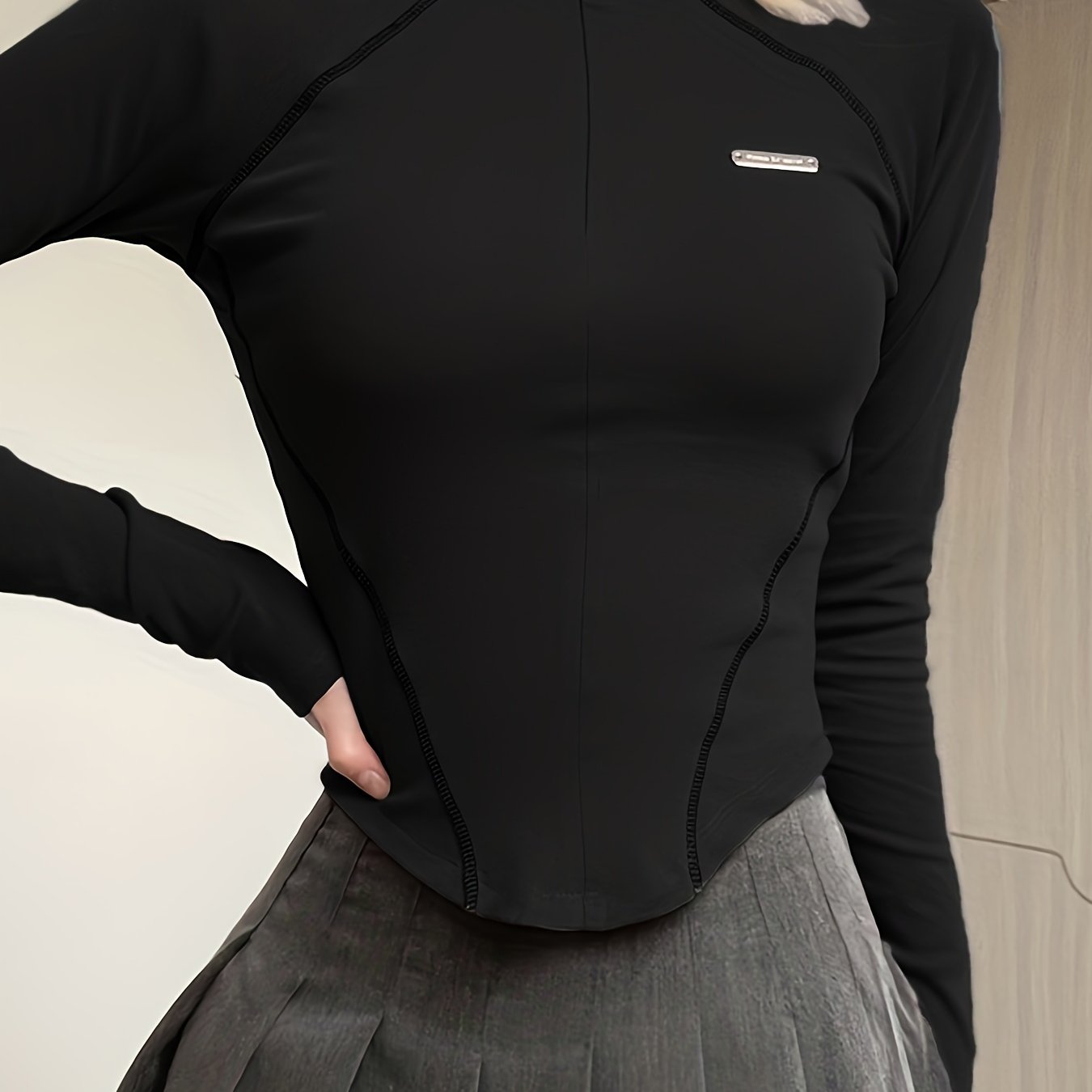 Camiseta deportiva casual para mujer con cremallera invisible, cuello alto, manga larga, otoño-invierno, estilo motocicleta