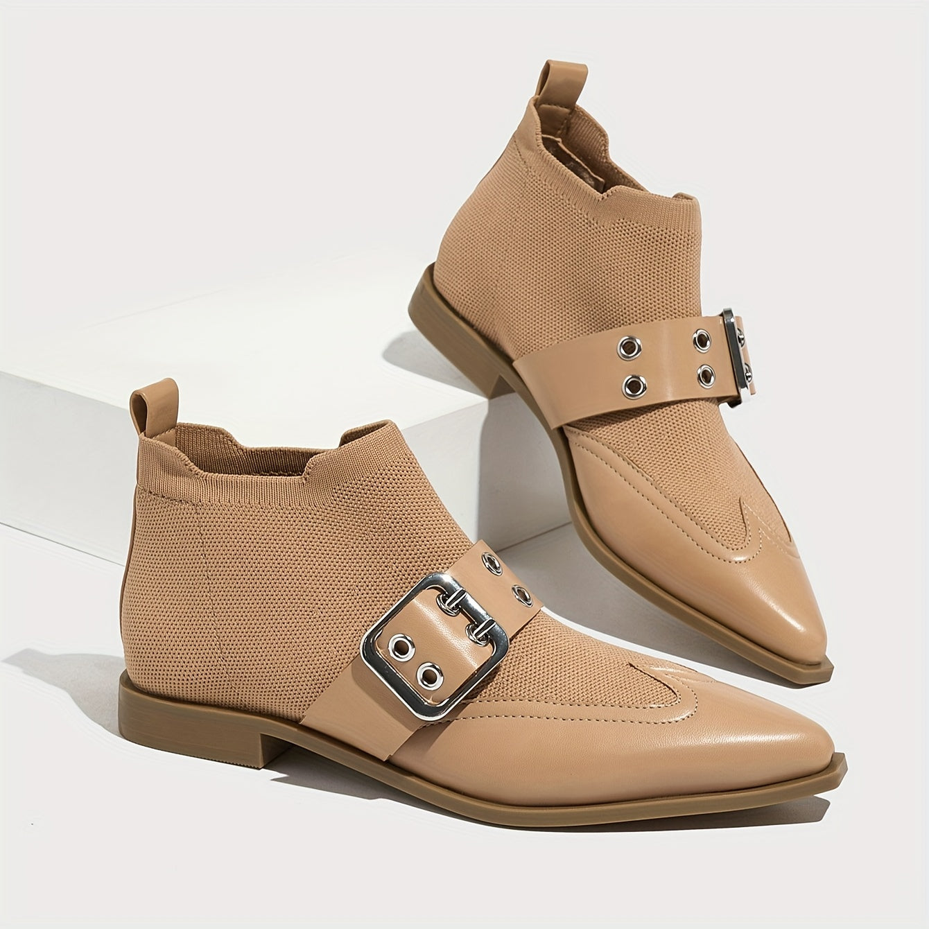 Women's Stretch Slip-On Ankle Booties with Buckle Flat Heel Pointed Toe