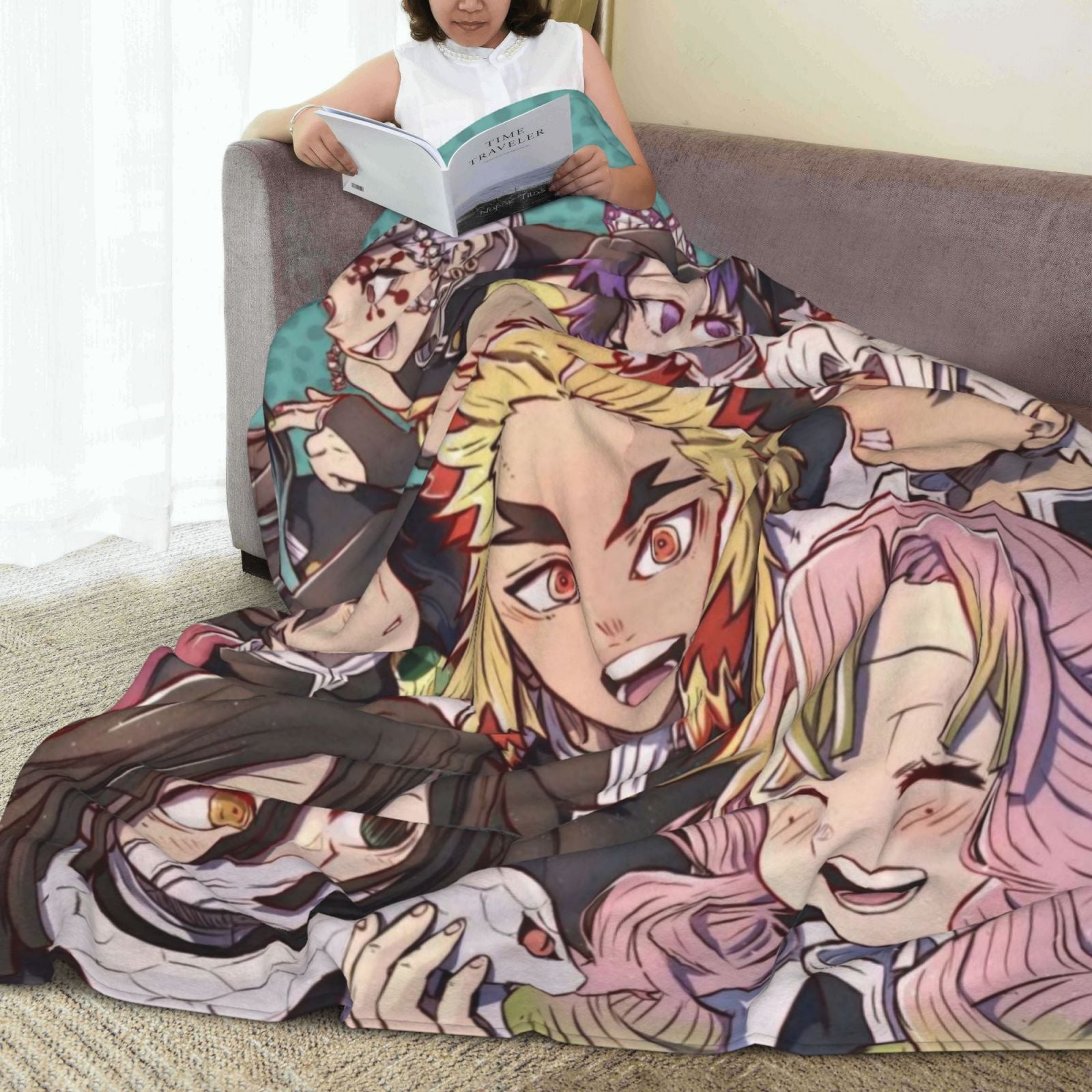 Manta de felpa tipo franela Demon Hunter con patrón geométrico, apta para todas las estaciones, de punto de poliéster