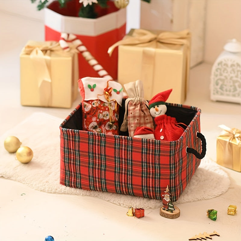 Большая рождественская корзина с клетчатым узором, пустая и складная для удобного хранения; идеально подходит для праздничного декора и рождественского оформления.